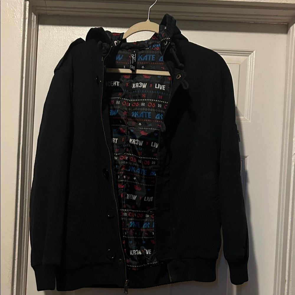 KR3W Black Bomber Jacket with Patterned Lining